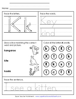 Letter K - Mixed Skills (Intermediate) Alphabet Worksheet