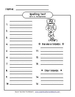 Spelling Test (B-16) Spelling B Worksheet