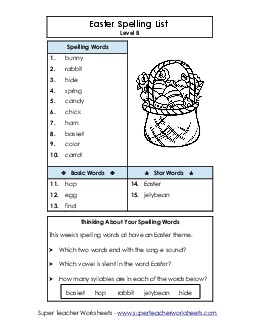 Easter Spelling List (B-Easter)  Spelling B Worksheet