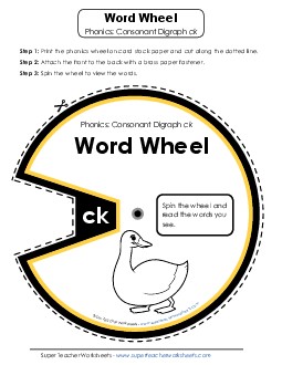 Word Wheel:  Words Ending with /ck/ Phonics Digraphs Worksheet