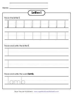 Lowercase l (Dotted Lines) Printing Worksheet