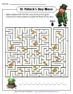 Leprechaun Coin Maze (Advanced) Addition Worksheet