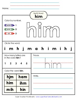 Worksheet 4: Him Sight Words Individual Worksheet