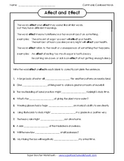 Affect and Effect Commonly Confused Words Worksheet