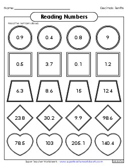 Reading Numbers - Tenths Place Value Worksheet