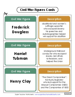 Civil War Figures Cards 5th Grade Social Studies Worksheet