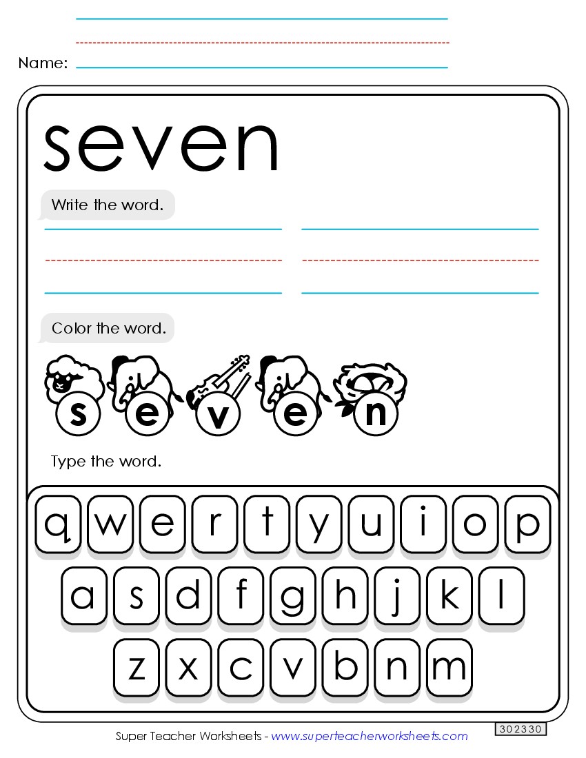 Write, Color, Type: Seven Sight Words Individual Worksheet