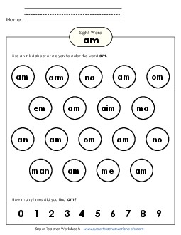 Dab or Color: Am Sight Words Individual Worksheet