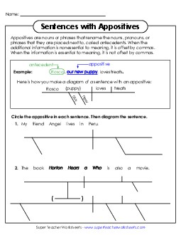 Diagramming Sentences with Appositives 6th Grade ELA Worksheet