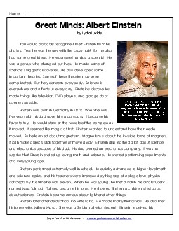 Albert Einstein  6th Grade Reading Comprehension Worksheet