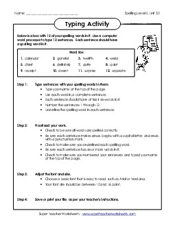 Typing Sentences (E-30) Spelling E Worksheet