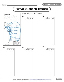 Partial Quotients  5-Digit by 1-Digit Division (with Remainders) Worksheet