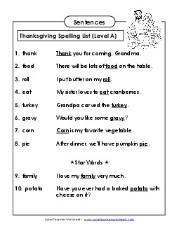 Spelling Test Sentences (A-Thanksgiving)  Spelling A Worksheet