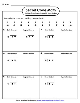 Secret Code Math: 3-Digit Dividends; 2-Digit Quotients; Remainders Division Worksheet