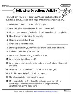 Following Directions Activity (Intermediate) Backtoschool Worksheet