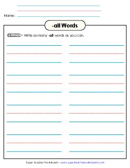 Brainstorm and Write (-all) Word Families Worksheet