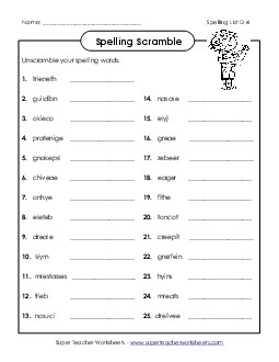 Word Scramble (D-4) Spelling D Worksheet