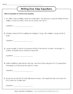 Writing One Step Equations (Advanced) Worksheet