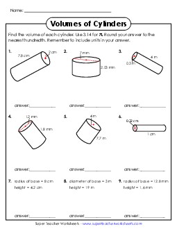 Calculate Volumes of Cylinders (Advanced) Worksheet