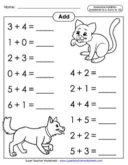 Basic Addition Facts: Pets (Horizontal) Worksheet