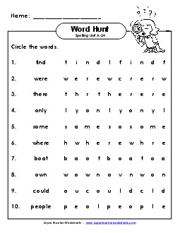 Horizontal Word Hunt (A-24) Spelling A Worksheet