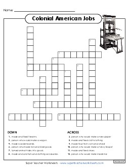 Colonial American Jobs Crossword Worksheet