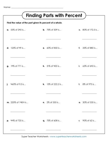 Finding Parts with Percent Worksheet Percents Worksheet
