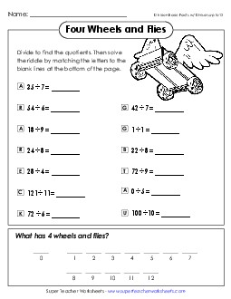 Math Riddle: Four Wheels and Flies Division Worksheet