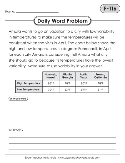 New Daily Word Problems<BR>F-116 through F-120 Worksheet New Daily Word Problems<BR>F-116 through F-120 Worksheet