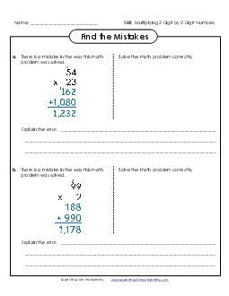 Find the Errors: 2-Digit by 2-Digit Numbers Multiplication Worksheet