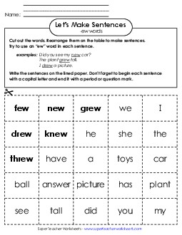 Make Sentences: Word Cards (-ew) Word Families Worksheet