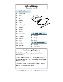 Word List (C-School Words)  Spelling C Worksheet