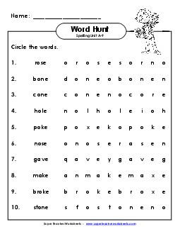 Horizontal Word Hunt (A-9) Spelling A Worksheet