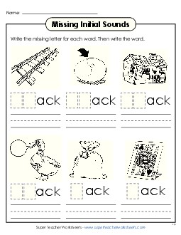 Missing Initial Sounds (-ack) Word Families Worksheet