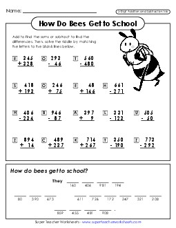 Bees Going to School (Add/Subtract; 3 Digit) Addition Worksheet