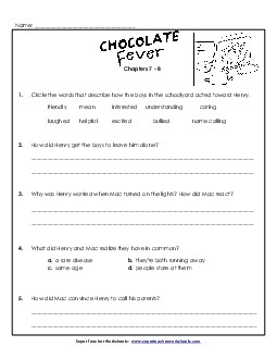 Questions for Chapters 7-8 Book Chocolate Fever Worksheet