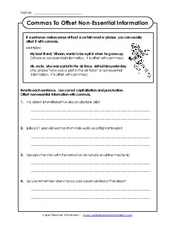 Commas for Non-Essential Information Worksheet