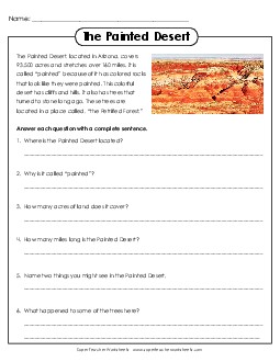 Painted Desert (Short Passage) 3rd Grade Reading Comprehension Worksheet