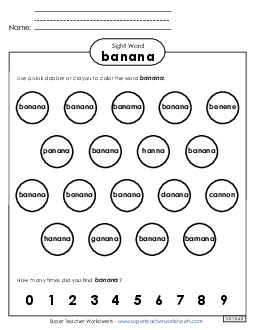 Dab or Color: Banana Sight Words Individual Worksheet