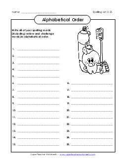 ABC Order: Write List (D-25) Spelling D Worksheet