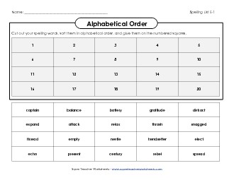 Alphabetical Order: Cut-Glue (E-1) Free Spelling E Worksheet