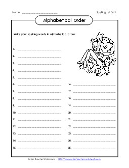 ABC Order: Full List (D-11) Free Spelling D Worksheet