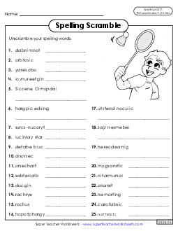 Word Scramble (Extracurriculars) Spelling F Worksheet