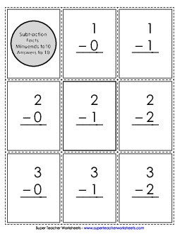 Subtraction Flashcards Minuends to 10; Answers to 10 Worksheet