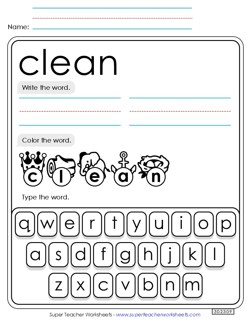 Write, Color, Type: Clean Sight Words Individual Worksheet