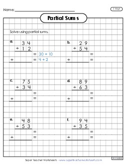 New Graph Paper Addition (2-Digit, Partial Sums) Spanish Worksheet