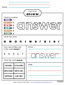 Worksheet 4: Answer Sight Words Individual Worksheet