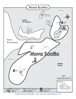 Nova Scotia Map (Black & White) Canada Worksheet