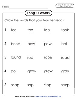 Listen and Circle (oa, oe, and ow) Phonics Long Short O Worksheet