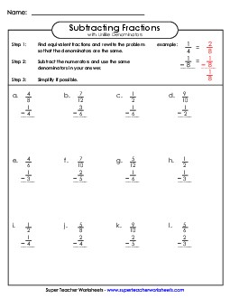 Subtracting Fractions 5th Grade Math Worksheet